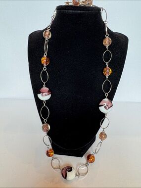 Handcrafted Pink, silver, black White Glass Bead Necklace Nickel and lead free